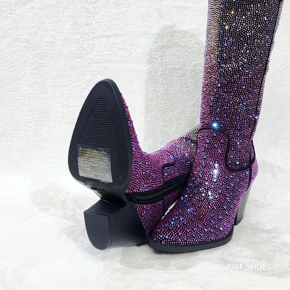 Western Glow Multi Purple Ombre Rhinestone Disco Cowgirl Knee Boots - Picture 17 of 17